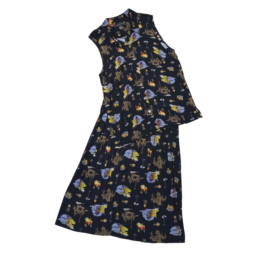 Carole Little 1X Vintage Novelty Print Skirt Set Black Rayon Sleeveless Maxi 2pc